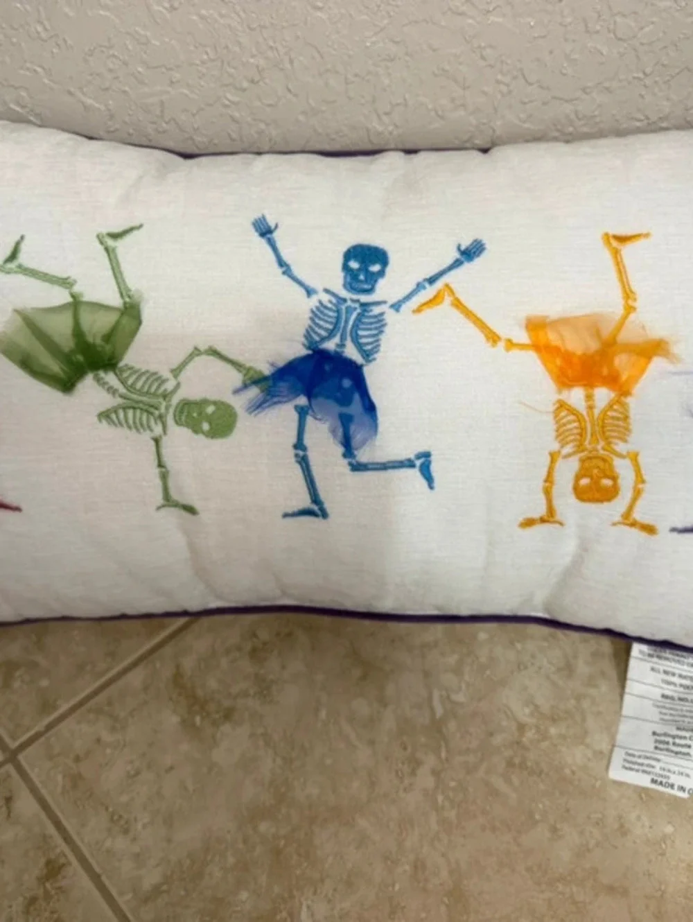 Decorative Skeleton Themed Throw Pillow with Colorful Tulle Skirts